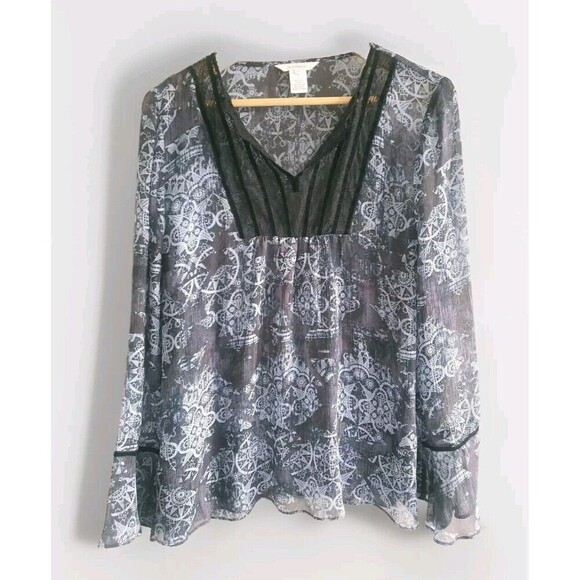 Sundace Silk Blouse  Blue Black Velvet Trim Bell Sleeve Semi-Sheer Women's 14 - Picture 1 of 8